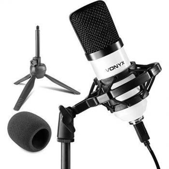 Vonyx CM300W Micrófono de Estudio USB con Soporte de Mesa Plegable y Soporte antigolpes - Podcast, Juegos, Streaming, Vlogs, PS4 - Color Blanco
