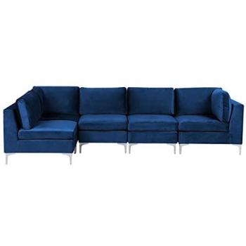 Sofá Esquinero Modular Derecho de 5 Plazas en Terciopelo Azul Marino con Patas Metálicas Plateadas Estilo Glamour Evja