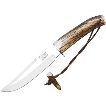 Cuchillo de Caza Joker CC73 Luchadera con Mango de Asta de Ciervo, Hoja de 16 cm y Funda de Cuero Marrón