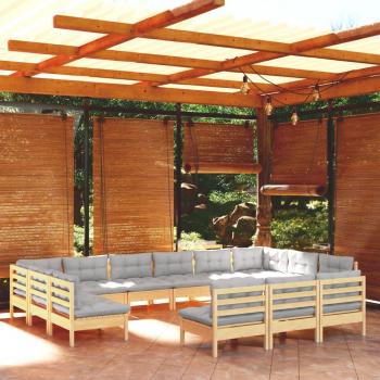 13-Piece Solid Pinewood Garden Lounge Set with Grey Cushions