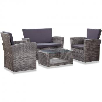 vidaXL 4-Piece Grey Poly Rattan Garden Lounge Set with Cushions