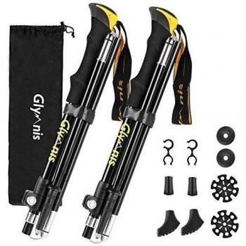 Glymnis Bastones de Senderismo Bastones Trekking Plegables 2pcs 36cm-130cm de Aleación de Aluminio 7075 y EVA para Senderismo Alpinismo Trail Viaje（Amarillo）