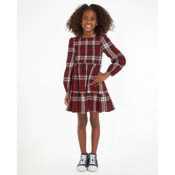 Vestido de niña Tommy Hilfiger de cuadros rojos, cuello redondo y manga larga
