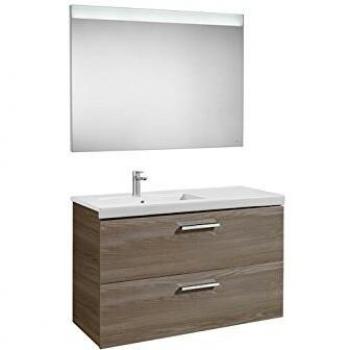 Pack mueble base con 2 cajones, lavabo y espejo LED PRISMA - ROCA, Color: Fresno, Posición del lavabo: Izquierda