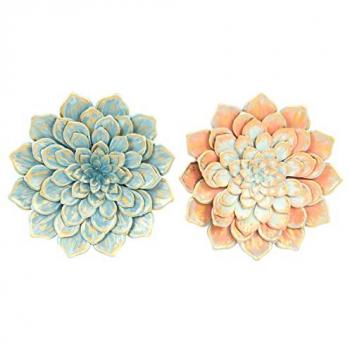 Decoración de Pared DKD Home Decor 61 x 8 x 61 cm Flor Azul Naranja Shabby Chic (2 Unidades)