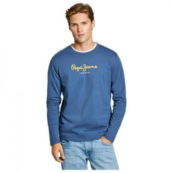 Camiseta de Hombre Pepe Jeans Eggo Manga Larga Azul Esterlina M - Casual, Algodón Sostenible
