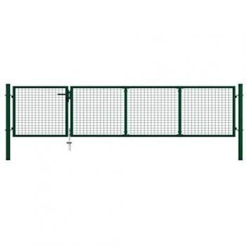 vidaXL Puerta Valla Metálica Jardín Acero Anticorrosión Verja Llave Cerradura 4 Paneles Rejilla + 2 Postes Integrados Cercado Vallado Verde 350x75 cm