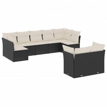 9-Piece Black Poly Rattan Garden Sofa Set with Cushions