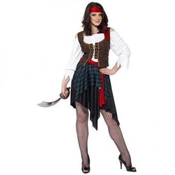 Disfraz de Mujer Pirata Corsaria Clásica Original - Talla L, Marrón con Camisa, Chaleco, Falda y Accesorios