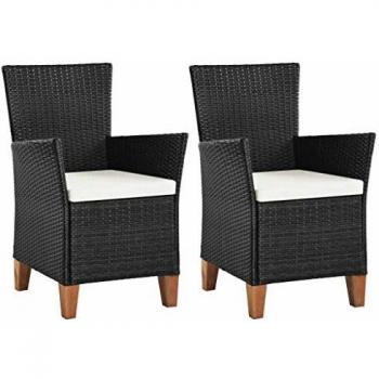 Black Poly Rattan Outdoor Chairs with Cushions - Set of 2