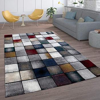 Alfombra Salón Moderna Pelo Corto Vintage Cuadros Dados Gris Crema Rojo Azul 160x230 cm - Paco Home
