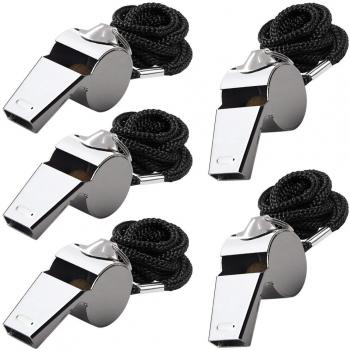 5 Packs Silbato de acero inoxidable, FineGood Silbato de metal fuerte con cordón para los árbitros Entrenadores Salvavidas Survival de emergencia Baloncesto Fútbol Hockey - Plata
