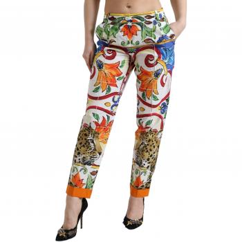 Dolce & Gabbana White Majolica Print Tapered Mid Waist Pants - IT38 | S, Slim-fit Trousers, female, Multicolor, Size: 2XS Majolica Print Tapered Pants