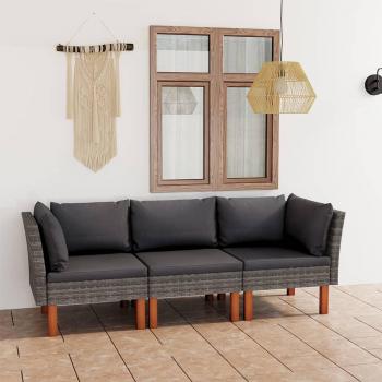 3-Seater Garden Sofa with Gray Cushions in Poly Rattan