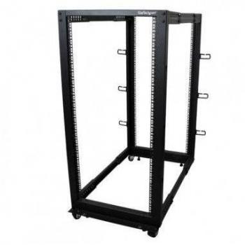 StarTech.com 25U Adjustable Depth Open Frame 4 Post Server Rack with Casters, Levelers, and Cable Management Hooks