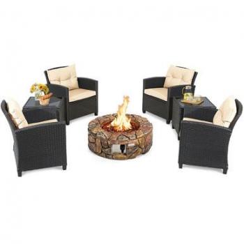7-Piece Outdoor Wicker Patio Furniture Set with Gas Fire Pit Table and Beige Cushions