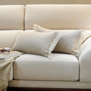 Cojines Premium Tostado 60x40 cm - Pack de 2 con Diseño Moderno y Elegante, Tejido Camel y Fleco Blanco