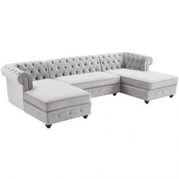 Sofá Esquinero Panorámico de Terciopelo Gris Claro Chesterfield 5 Plazas