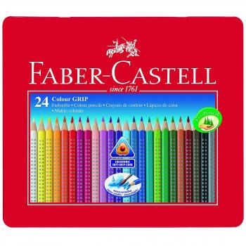 Faber Castell 112423 - Estuche de metal con 24 ecolápices triangulares de colores Grip, acuarelables, lápices escolares, multicolor, Colour Pencil GRIP