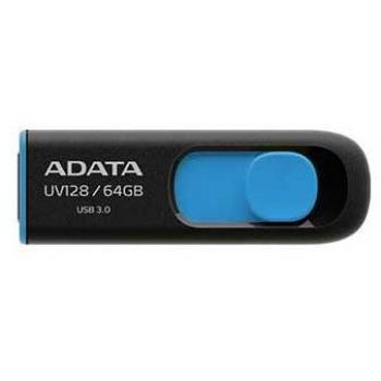 ADATA DashDrive UV128 64GB USB 3.2 Gen 1 Flash Drive, Retractable, Capless, Black & Blue