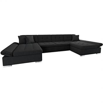 Sofá rinconero Comfivo 155, negro, con función de descanso, caja de ropa de cama, dimensiones 360 x 75 x 160 cm, diseño en forma de U, reposabrazos ajustables y dos