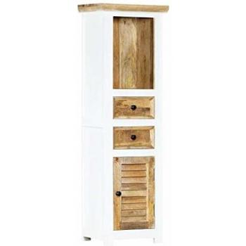 Solid Rough Mango Wood Highboard in White and Brown, 40x30x128 cm (15.7x11.8x50.3)
