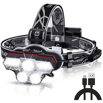 Linterna Frontal USB Recargable, Uplayteck Lámpara de Cabeza LED con 6 Modos y Luz Roja de Advertencia, Lámparas Frontal Alta Potencia Lumen Impermeable IPX4 para Campismo, Senderismo, Ciclismo, Pesca