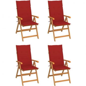 Sillas de jardín 4 piezas con almohadas rojas de madera maciza de teca