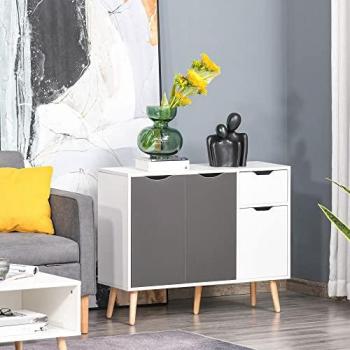 Aparador Moderno HOMCOM con 3 Puertas y Cajón, Mueble Auxiliar para Salón, Cocina y Dormitorio, Dimensiones: 90x30x72 cm, Color Blanco y Gris