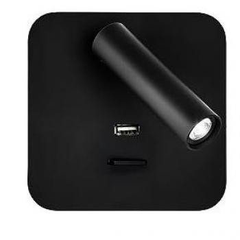 Aplique de Pared LED 3W Negro Giotto con USB y Interruptor, 150lm, 4000k, Dimensiones 14x14x12cm
