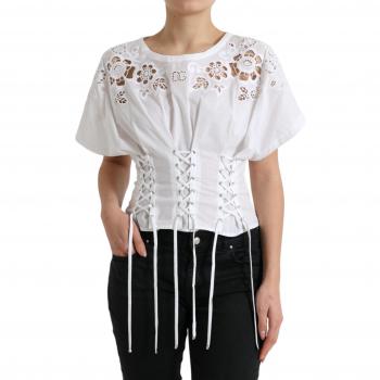 Dolce & Gabbana Elegant White Floral Lace-Up Blouse, Female, White, Size: XS, Cotton, Floral Cut Out Design