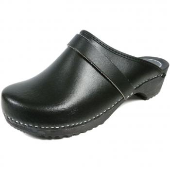 Zuecos de Cuero Unisexo con suela de Madera. Negro. Talla 38