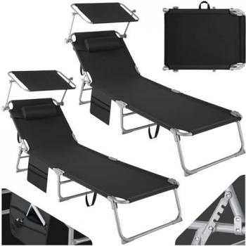 Conjunto de 2 tumbonas Chloé con 4 posiciones y almohada para la cabeza, tumbonas plegables extremadamente cómodas con cojín para la cabeza extraíble, respaldo con ángulo de inclinación ajustable en 4 posiciones