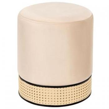 Puf Glamour Yankton de Terciopelo Crema y Ratán Tejido, Diámetro 35 cm