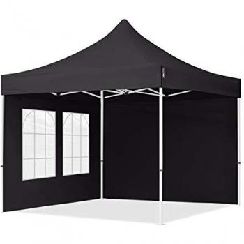 Gazebo Plegable 3x3m de Acero con 2 Paneles Laterales y Ventanas Rectangulares en Color Negro