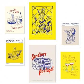 Set de 6 Pósters Pop Art Amarillo de Alimentos y Comida para Decoración de Paredes A3 y A4 Sin Marco