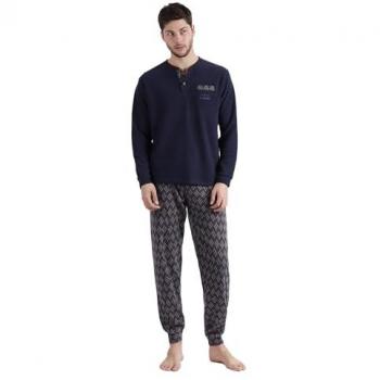 Pijama Largo de Hombre Admas de Punto en Color Azul Marino, Manga Larga, Cálido y Suave, Ajustable con Puños - Homewear 2024