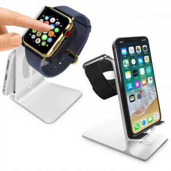 Orzly Duo Stand para Apple Watch - Soporte de escritorio de aluminio permitiendo una base de carga totalmente funcional tanto para AppleWatch como para iPhone simultáneamente