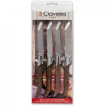 3 Claveles 1480-Set 4 chuleteros 10 cm Cuchillo de Mesa, Madera de Nogal, 30x12