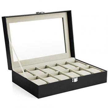 SONGMICS Caja de Relojes con 12 Compartimentos, Estuche para Relojes con Tapa de Cristal, Almohada extraíble, Forro de Terciopelo, Cierre de Metal, Cuero Sintético Negro y Forro Beige JWB12BE
