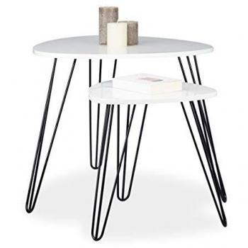 Set de 2 Mesas Auxiliares Triangulares Blancas, Diseño Moderno, DM-Metal, 60 y 40 cm Ø