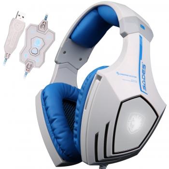 Sades A60 Auriculares, 7.1 USB, sonido estéreo envolvente, para jugadores, con diadema, con micrófono de alta sensibilidad, función de vibración, regulación del volumen, mando a distancia, logotipo de lobo, LED intermitente, color blanco
