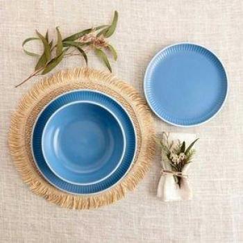 Vajilla Cerámica Moana Bidasoa 12 Piezas para 4 Personas - Azul con Relieve, Apilable y Apta para Microondas