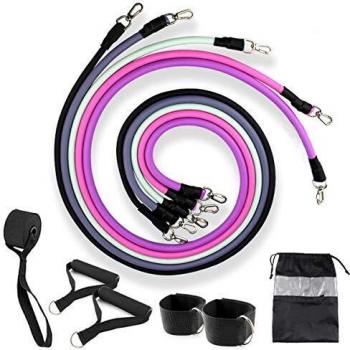 Lenlun Juego de bandas elásticas para ejercicios, juego de correas de tubo de entrenamiento con 5 tubos de gimnasio/mango de espuma/anclaje de puerta/correas de tobillo. rosa