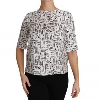 Dolce & Gabbana White Musical Instruments Print Blouse - IT44|L, Female, Size: M, Silk