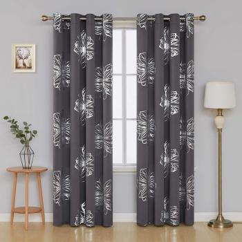 Deconovo Cortina Opaca de Salón Moderno con Flores en Plata con Ojales 140 x 245 cm 2 Piezas Gris Oscuro