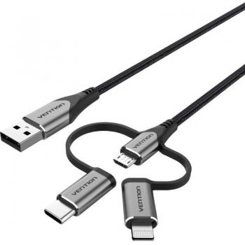 Cable Adaptador USB Macho - USB-C Macho - MicroUSB Macho - Lightning Macho - 1m - Vention CQJHF - Gris