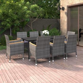 9-Piece Outdoor Dining Set with Cushions - Poly Rattan and Glass