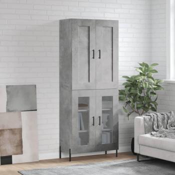 Aparador alto de madera contrachapada gris hormigón 69,5x34x180 cm con 2 puertas de cristal, mueble de almacenaje para salón, buffet y armario auxiliar