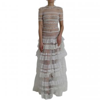 Dolce & Gabbana White Nylon Sheer Tiered Lace Maxi Dress - IT40|S, Party Dresses, female, Size: XS